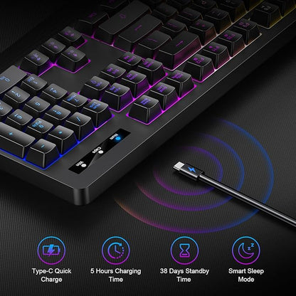 Wireless Gaming Keyboard, RGB & Single-Color Backlit, Full-Size Waterproof Computer Keyboard, Silent Keys, Wrist Rest, Sleep Mode, Rechargeable 2.4G Wireless Keyboardfor Windows, Mac, PC, Laptop