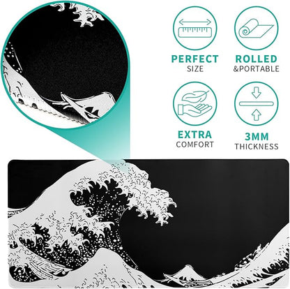 Japanese Sea Wave Large Mouse Pad, Abstract Black Gaming Mousepad, Extended Kanagawa Mat Desk Pad, 3mm Thick Long Non-Slip Rubber Base Mice Pad for Office and Home, 31.5x11.8 Inch