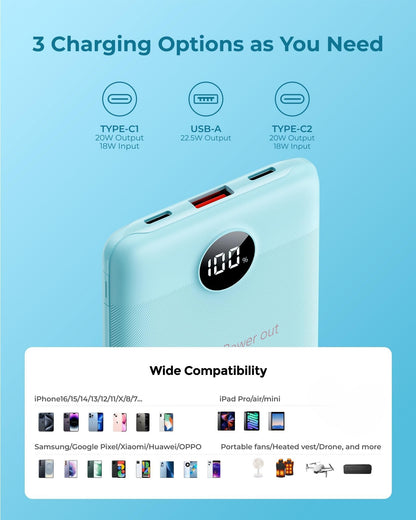 VEEKTOMX 10000mAh Mini Power Bank, 22.5W Fast Charger for iPhone Android