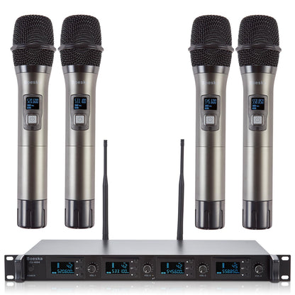 Boeska Wireless Microphone System, 4-Channel UHF Wireless Mic, Fixed Frequency Metal Cordless Mic with 4 Handheld Dynamic Microphones, 200ft Range, Mics for Singing, Church (4 Handheld)
