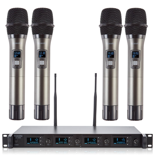 Boeska Wireless Microphone System, 4-Channel UHF Wireless Mic, Fixed Frequency Metal Cordless Mic with 4 Handheld Dynamic Microphones, 200ft Range, Mics for Singing, Church (4 Handheld)