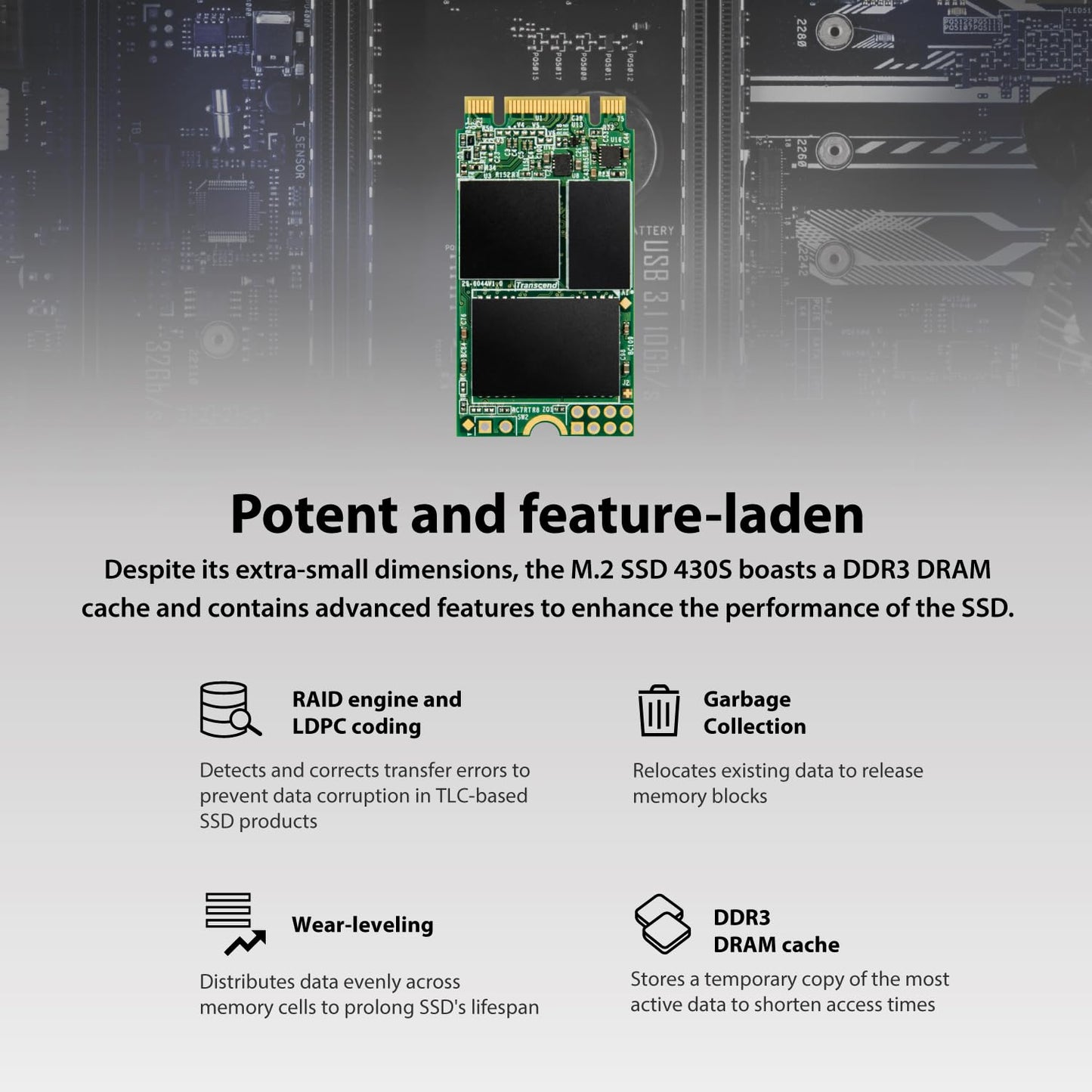 Transcend 128GB M.2 2242 SATA III SSD, MTS430S B+M Key with DRAM Cache, Up to 560MB/s, 3D TLC NAND Internal SSD for Ultrabook/Laptop/PC/Desktop, SLC Cache, LDPC Error Correction