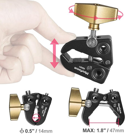 MINIFOCUS Super Clamp Mount, Tripod Clamp with 1/4" & 3/8" Threaded Holes, 3/8" Locating Pin for ARRI Standard, T-Shaped Wingnut and Silicone Pad, Versatile Crab Clip Strong Clamp for Camera/LED Light