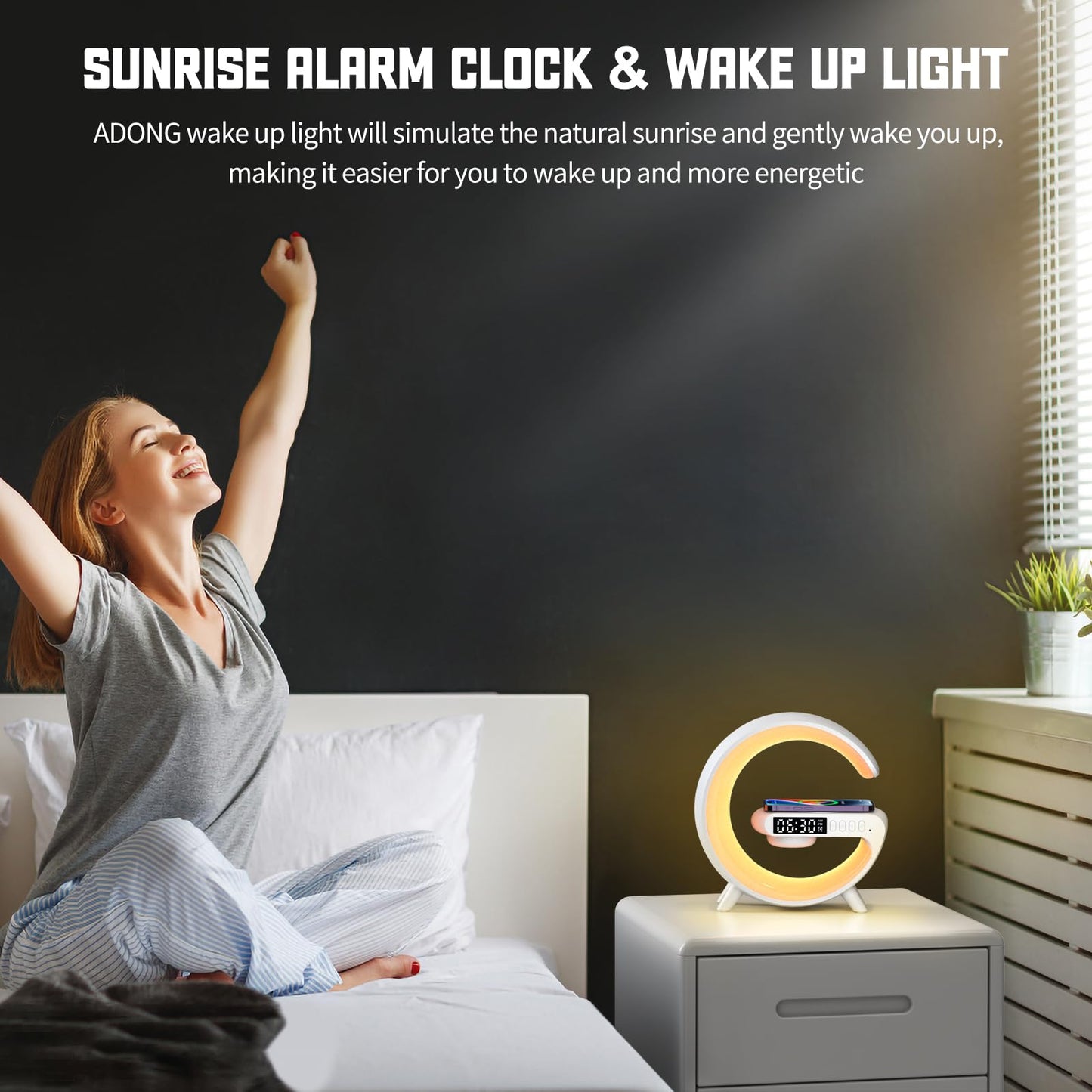 XCDIFA Mini LED Table Lamp with 4-in-1 Wireless Charger, Night Light, Sunrise Alarm Clock, Bluetooth Speaker, Smart Atmosphere Table Lamp for Bedroom, Office, Home Decor (White)