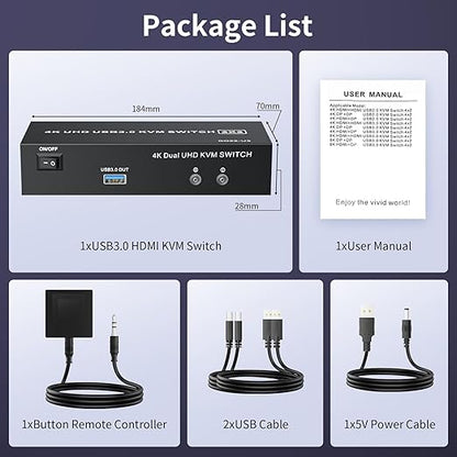 HDMI KVM Switch 2 Monitors 2 Computers 4K@60Hz USB 3.0 KVM Switcher Share Dual Monitor Extended Copy Display and 3 USB Devices Keyboard Mouse