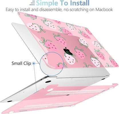 MEEgoodo for MacBook Air 13 inch Case 2021 2020 2019 2018 Released A2337 M1 A2179 A1932 with Touch ID, Plastic Hard Shell & Keyboard Cover Compatible with MacBook Air Case 13.3, Strawberry & Bow