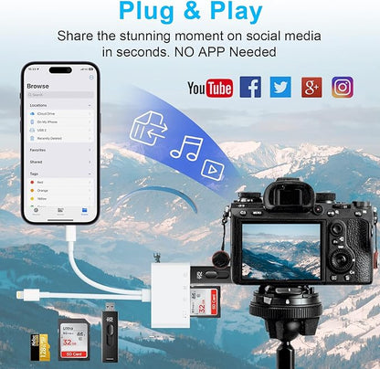 USB C Lightning SD TF Card Reader, 4-in-2 Memory Card Reader for iPhone 15/iPad/Mac/Laptop, Dual Connector Digital Camera Card Adapter with SD+TF+USB OTG+USB C Charging for Photography, Plug and Play