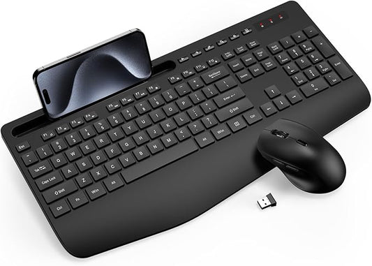 Wireless Keyboard and Mouse Combo - Full-Sized, Ergonomic Wrist Rest