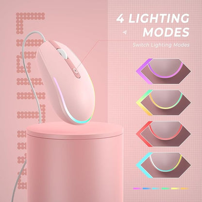 seenda Wired Mouse - USB Computer Mice Wired with RGB Backlit Optical LED Mouse with Attached USB Cord for Laptops Notebooks Chromebook - Pink