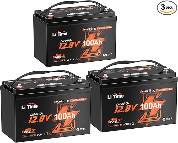 LiTime 12V 100Ah LiFePO4 Group 31 Battery, Compatible with Victron, Built-in 100A BMS & Bluetooth, Low-Temperature Protection, CAN/RS485 Communication, Ideal for Trolling Motors, Marine, RV (3Pack)