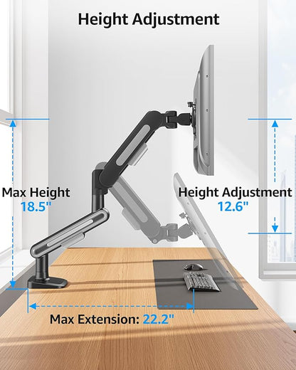MOUNTUP Single Monitor Desk Mount for 4.4-26.5lbs, Heavy Duty Monitor Arm for 40 39 37 34 32 27inch, Full-Motion Monitors Stand, Height Adjustable Gas Spring Monitors Arm with C-Clamp＆Grommet Base
