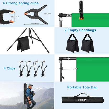 10 x 6.9 Ft Photo Backdrop Support Stand, MSKIRA Adjustable Background Stand, Backdrop Support System Kit for Parties Screen Back Drops Events Decoration, with 6 Clamps, 4 Clips, 2 Sandbags, Carry Bag