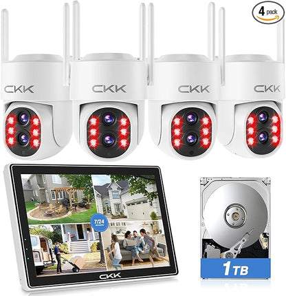 【Dual Wi-Fi,2MP+2MP Dual Lens】 2K Security Camera System with Dual Lens Outdoor, with 10" LCD Monitor, 4 Pcs Dual Band WiFi PTZ Cameras, Two-Way Audio, AI Motion Detection, Color Night Vision,1TB HDD