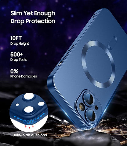 LEKEVO Magnetic for iPhone 14 Plus Case [Compatible with MagSafe][Built-in Camera Lens Protector] Slim Soft Silicone Bumper Shockproof Metallic Luster Phone Case (Blue)