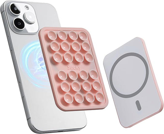 SUCKY Magnetic Suction Cell Phone Grip for MagSafe Case, Silicone Octo Cup Buddy Holder, Hands-Free Removable Mount, Durable Magnet Phone Accessory for iPhone and Android - Chalk Pink