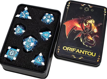 7PCS Metal DND Dice Set with Box, Debris RPG Blue D and D Dice for use with D&D Tabletop Games Role Playing Game Polyhedral Dice Set D20 D12 D10 D8 D6 D4
