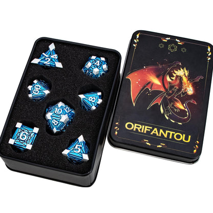 ORIFANTOU 7PCS Metal DND Dice Set with Box, Debris RPG Blue D and D Dice for use with D&D Tabletop Games Role Playing Game Polyhedral Dice Set D20 D12 D10 D8 D6 D4