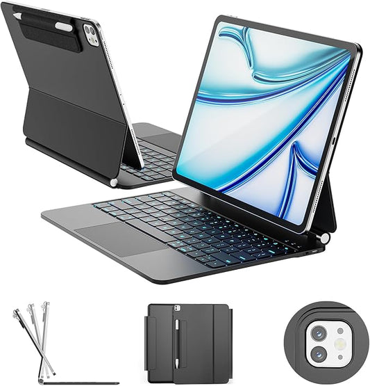 RAYMCRAFT for iPad Air 13-inch Case with Keyboard (M4/M3/M2, 2026/2025/2024) & iPad Pro 12.9" (6th/5th/4th/3rd) Magic Keyboard, 11-Color Backlight, Multi-Touch Trackpad with Safe Pencil Buckle, Black