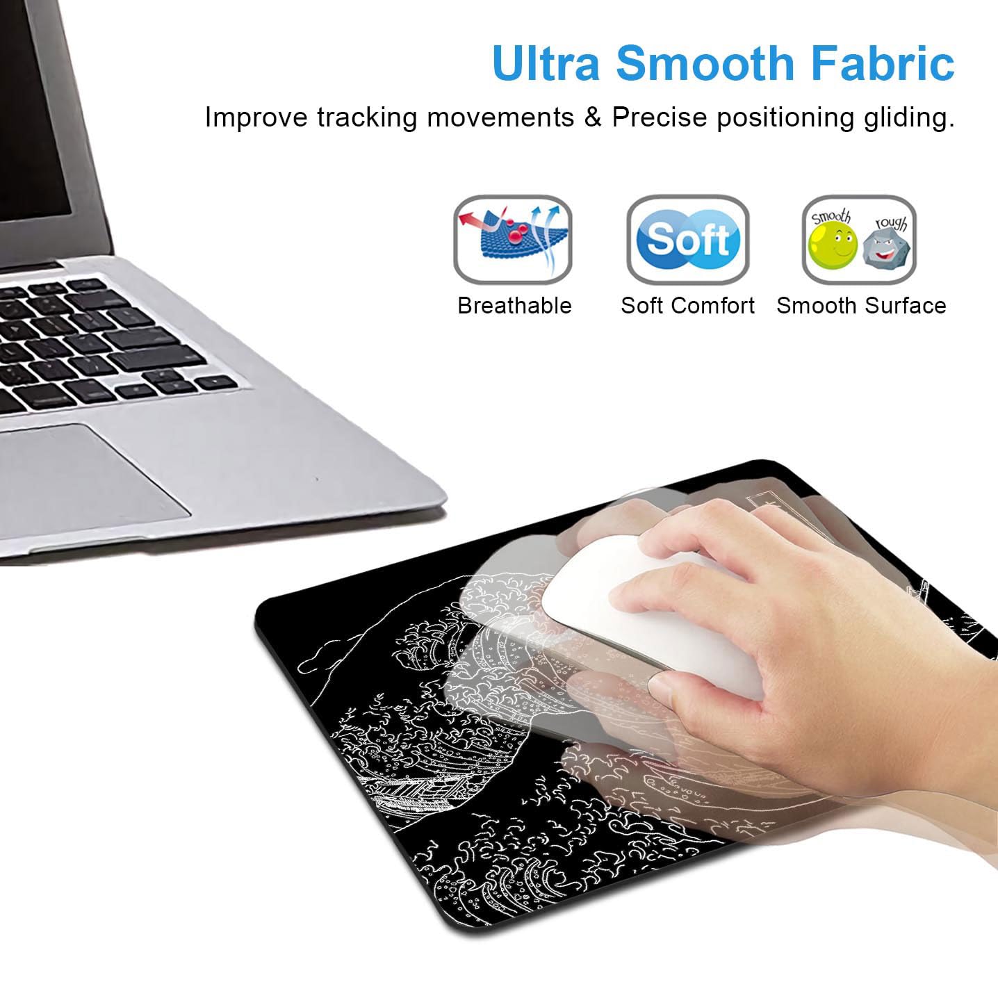 IMAYONDIA Japanese Great Wave Mouse Pad, Black Anime Gaming Mouse Pad, Kanagawa Mousepad, Non-Slip Rubber Base Computer Mice Pad for School Home Office, 9.5 x 7.9 Inch