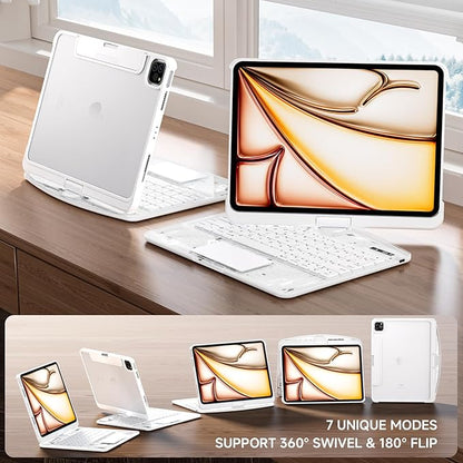 Transparent Case with Keyboard for iPad 11th Gen 11 Inch.(A16, 2025) & 2022 iPad 10th Gen 10.9 Inch,7-Color Backlit,Wireless Keyboard, 360°Rotating,with trackpad,Pencil Holder,with Shortcuts,White