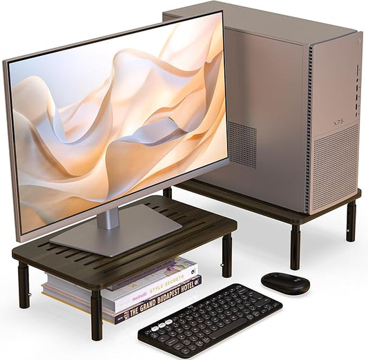 WELL WENG 2 Pack Bamboo Monitor Stand Riser, 4 Adjustable Height, Laptop Stand with Airflow Vents, Desk Organizer for Computer, PC, Printer (Wenge)