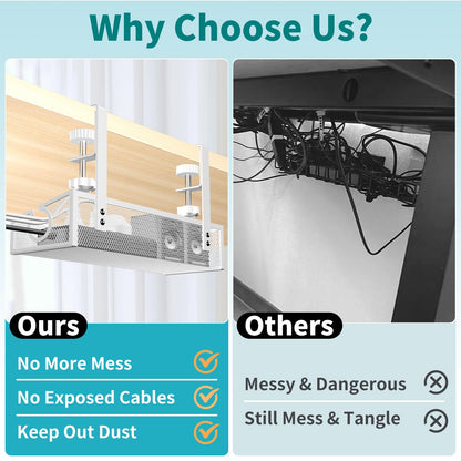 Under Desk Cable Management Tray White, No Drill Desk Cable Management Organizer with Clamp for Desk Wire Management, PC Cord Organizer Accessories & Workspace Organizers for Office, Home(2 Pack)