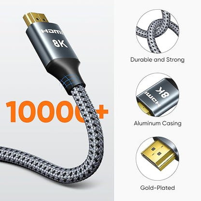 ARISKEEN 8K HDMI Cable 10 FT, 48Gbps High Speed HDMI 2.1 Cable, 8K 60Hz, 4K 120Hz 144Hz Braided HDMI Cord - 10 Feet