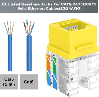 VCE UL Listed Cat6 RJ45 Keystone Jack Insert 25-Pack, 90 Degree Punch Down Keystone Jack Adapter Slim Profile Yellow