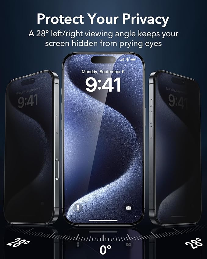 ESR 3 Pack 9H+ Glass for iPhone 15 Pro Max Privacy Screen Protector, [Military Grade Shatterproof & Longest Durable] Armorite Anti-spy Tempered Glass with UltraFit Tray