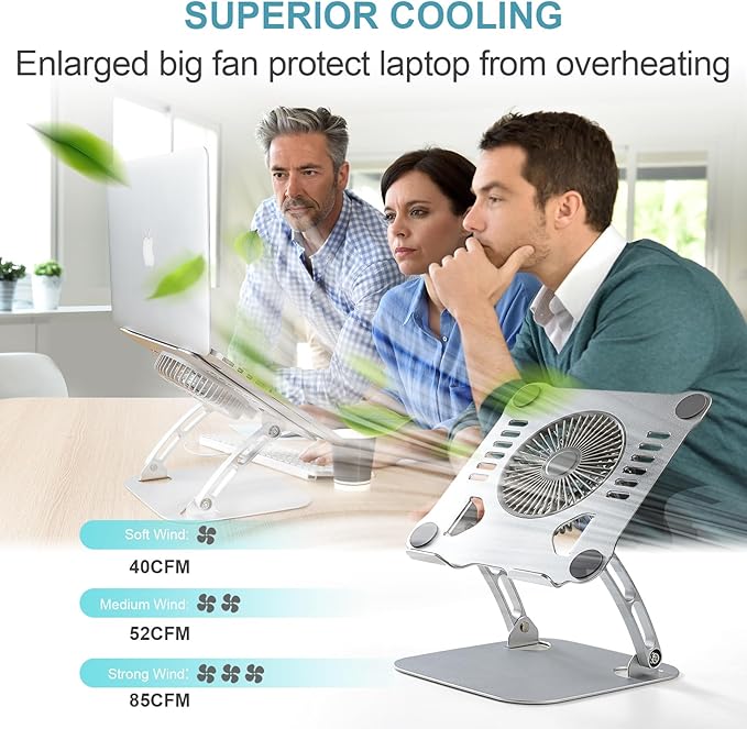 SHUWEI Laptop Cooling Stand with 3 Speed Fan, Adjustable Height Laptop Stand for Desk, Ergonimic Aluminum Laptop Cooling Pad for 10-15'' Notebook - Silver
