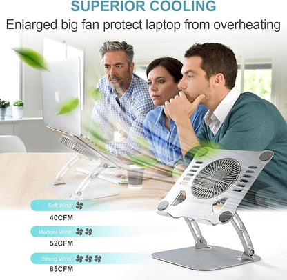 SHUWEI Laptop Cooling Stand with 3 Speed Fan, Adjustable Height Laptop Stand for Desk, Ergonimic Aluminum Laptop Cooling Pad for 10-15'' Notebook - Silver