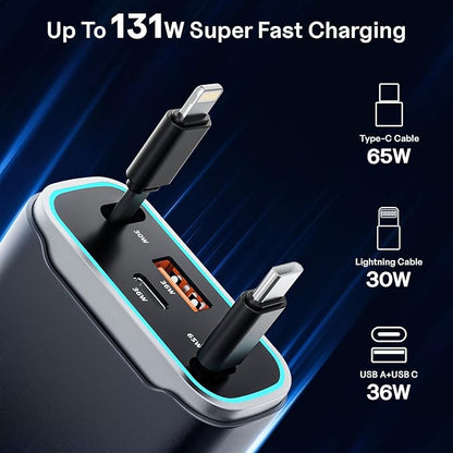 Retractable Car Charger USB C 131W 4-in-1 Fast Charging with 2 Retractable Cables Car Phone Charger Adapter for iPhone 16 15 14 13 Fast Charge Car Accessories, Gifts for Men Women