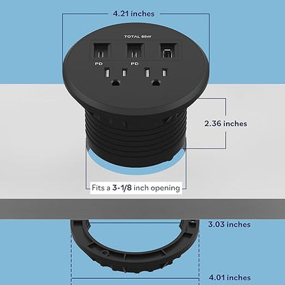 LIDER PD 65W GaN Technology Desktop Power Grommet, Power Delivery, USB-A and 2 USB-C Ports, Tamper-Resistant Receptacles, Self-Close Cover, Desk Charging Station, Black, 6.5ft Cord, ETL Listed