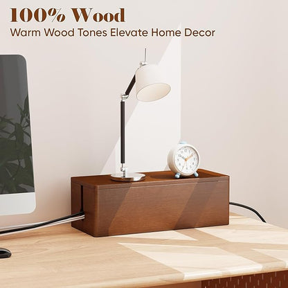 Delamu Wooden Cable Management Box with Magnetic Lid, Duty Cord Organizer for Desk Power Strip Hider Cover with Ventilation for Desk, Floor, Home Office, Baby Pets Safe Storage Solution