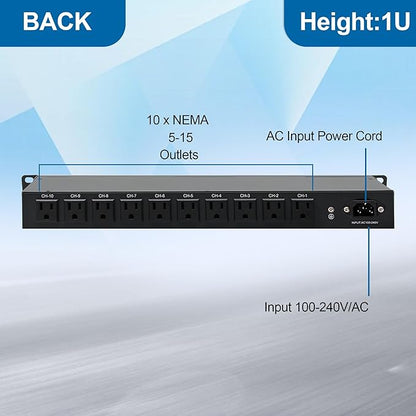 10 Outlet Horizontal 1U PDU Rack Mount Power Strip - Surge Protection,10 Individual Led Switches，AC 100V-240V-15A.for Network Server Racks, 6 ft Heavy Power Cord, ETL Listed