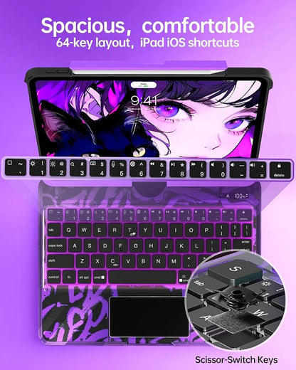 Intermerge for iPad 9th 10.2 inch Keyboard Case, 360° Transparent Multi-Touch Trackpad, 7-Color Backlit Keyboard, Pencil Holder, Type-C, Power Indicator for 9th/ 8th/ 7th - Neon Pulse