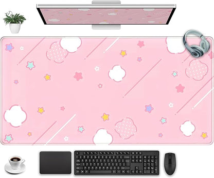 Pink Mouse Pad Large Desk Mat Gaming, Kawaii Desk Pads Stars Mouse Mat XXL Cute Keyboard Pad, Laptop Computer Mat with Non-Slip Base & Stitched Edges, Office Decor for Women 31.5" x 15.7"