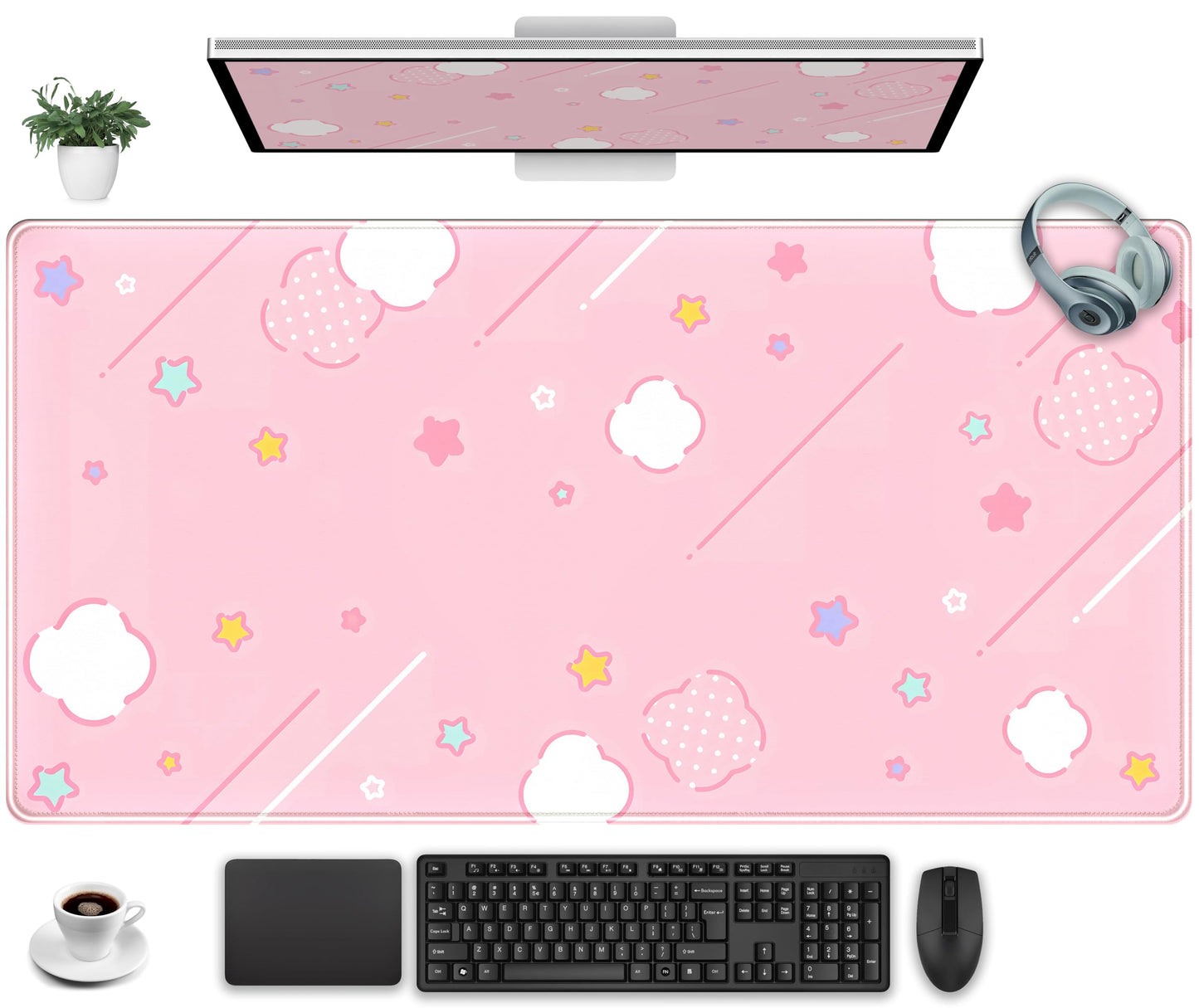 Pink Mouse Pad Large Desk Mat Gaming, Kawaii Desk Pads Stars Mouse Mat XXL Cute Keyboard Pad, Laptop Computer Mat with Non-Slip Base & Stitched Edges, Office Decor for Women 31.5" x 15.7"