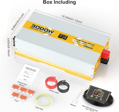 XWJNE 3000W Pure Sine Wave Power Inverter 24V DC to 120V GFCI AC Converter with LCD Display and Remote for Home, RV, Truck, Off-Grid Solar Power