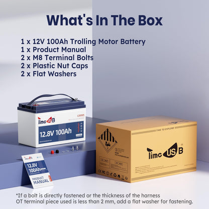 Timeusb 12V 100Ah Trolling Motors LiFePO4 Lithium Battery Group 31 with Low-Temp Protection, 15000 Deep Cycle Marine Batteries with 100A BMS Perfect for Marine,RV, Solar, Travel Trailer