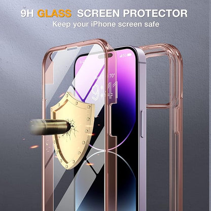 Miracase Glass Series Designed for iPhone 14 Pro Max Case 6.7 Inch, Upgrade Full-Body Bumper Case with Built-in 9H Tempered Glass Screen Protector, with Camera Lens Protector, Clear Pink