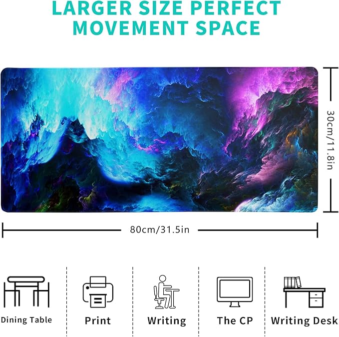Dazzling Galaxy Gaming Mouse Pad 31.5x11.8 Inch Blue Purple Galaxy Nebula Universe Space Large Mousepad Non-Slip Rubber Base Stitched Edges Keyboard Mouse Mat Desk Pad for Office Home and Game