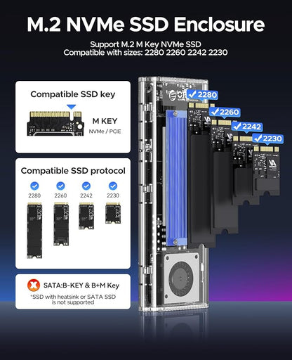 ORICO 40Gbps M.2 NVMe SSD Enclosure with Built-in Cooling Fan, Tool-Free External Hard Drive Enclosure, Support 2230 2242 2260 2280(M Key), Compatible with Thunderbolt 3/4 USB4/3.2/3.1/3.0/2.0-TCM2U4