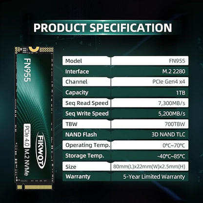 FN955 1TB NVMe SSD M.2 2280 PCIe Gen4x4, Up to 7300MB/s, 3D NAND TLC Flash Internal Solid State Drive, Configure SLC Cache, Storage and Memory Expansion for PS5 Laptop Desktop