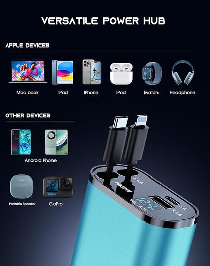 Mifanstech Retractable Car Phone Charger, 4 in 1 Fast Charge Car Phone Charger with 2 Retractable Cables(2.6ft) and 2 USB Ports, Compatible with iPhone15/14/15 Pro Max,Samsung (Light Blue)