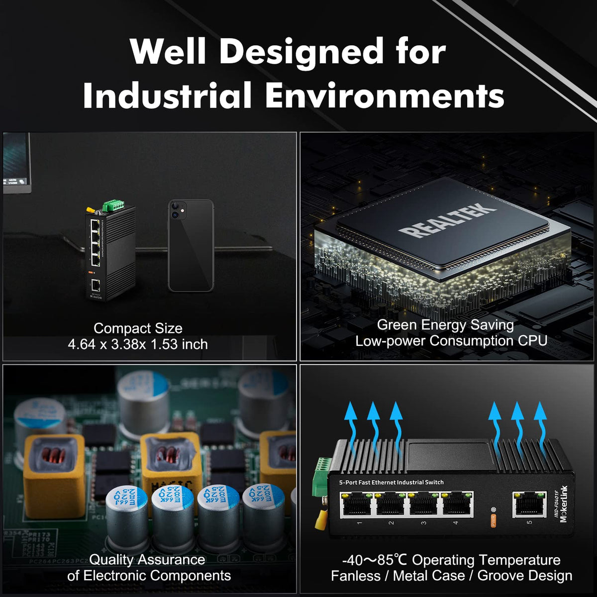 MokerLink 5 Port Industrial DIN-Rail Network Switch, 10/100Mbps Fast Ethernet, IP40 Rated Network Switch (-40 to 185°F), with UL Power Supply
