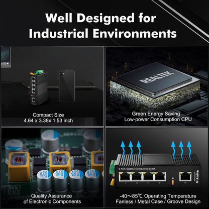 MokerLink 5 Port Industrial DIN-Rail Network Switch, 10/100Mbps Fast Ethernet, IP40 Rated Network Switch (-40 to 185°F), with UL Power Supply
