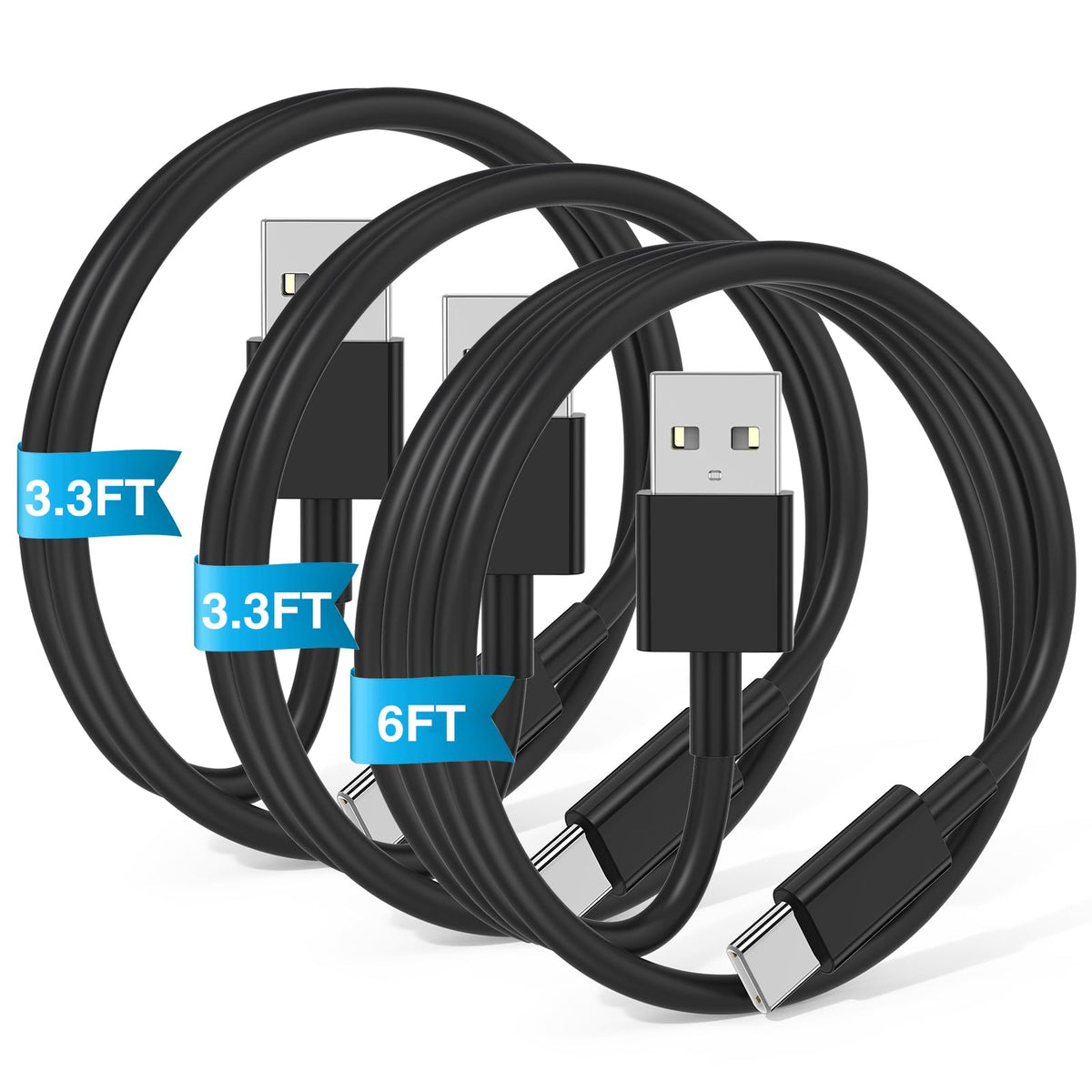 JERMASAL 3-Pack Blue [3.3FT+3.3FT+6FT] USB A to USB C Cable, Compatible with iPhone 15/16, iPad, Samsung, MacBook, PS5 and More, Fast Charging, Carplay Cable