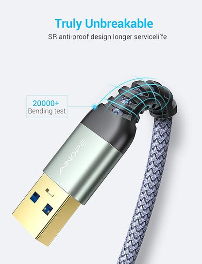 AINOPE 2 Pack USB Extensions Cable High Speed USB 3.0 Extension Cord Type A Male to Female Sturdy Braided Material Fast Data Transfer Compatible with USB Keyboard,Mouse,Flash Drive,Grey,3.3FT+6.6FT