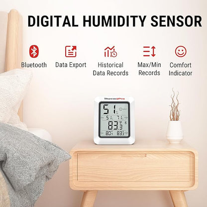 ThermoPro Hygrometer Thermometer for House TP350, Bluetooth Room Indoor Greenhouse Thermometer Monitor Up to 260FT, Backlit Humidity Meter Temperature Sensor with 2-Year Data Export, 2 Pack